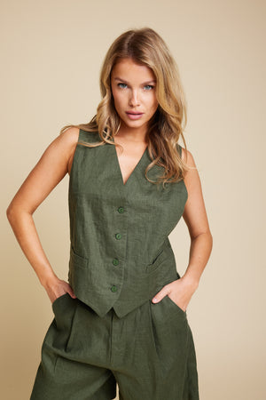 Line Of Oslo West Linen Vest Army 119