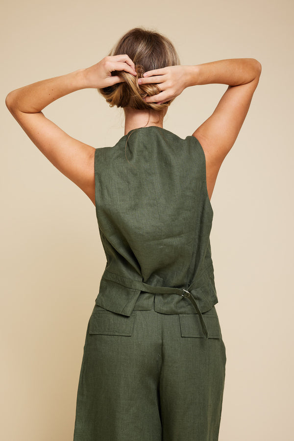 Line Of Oslo West Linen Vest Army 119